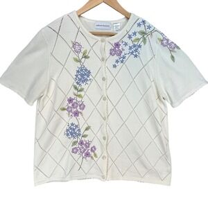 Alfred Dunner Vintage Floral‎ Embroidered Short Sleeve Cardigan Sweater Large